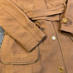 Coogi Womens Camel Brown Hooded Trench Coat Belted Wool Blend Gold Size M